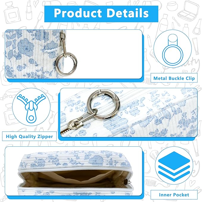 Period Bag for Girls, Corduroy Sanitary Napkin Storage Bag, Period Pouch & Tampon Holder, Feminine Care Organizer（Blue Flower）