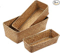 3 Natural Wicker Basket Set Rectangular Handwoven Seagrass Basket Storage Bins Home Organizer Bins - Household Basket Box for Shelf Wardrobe Desktop Home Decor (Caramel)
