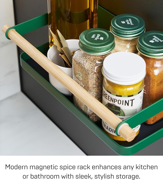 YAMAZAKI Home Tosca Magnetic Spice Storage Rack Organizer For Fridge - Steel + Wood