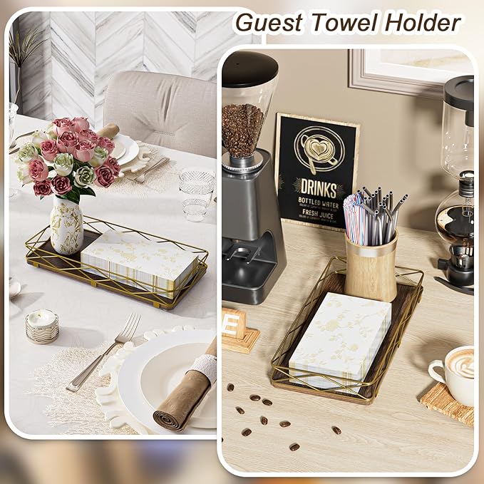 Toilet Paper Basket Holder, 13" Toilet Tank Tray, Wood and Metal Toilet Tray Vanity Organizer Bathroom Tray, Kitchen Sink Organizer for Soap Dispenser (Brown+Gold)