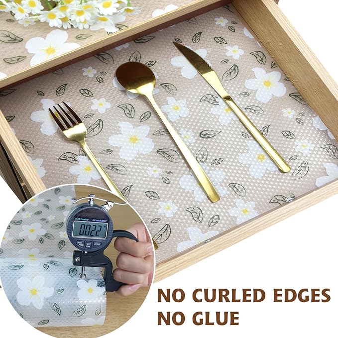 Drawer and Shelf Liner for Kitchen Cabinet,Non-Adhesive EVA Waterproof Drawer Liner for Dresser & Bathroom Vanities with Cutting Tool(12 in X 20 Ft White Cherry Blossom)