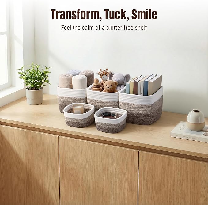 5-Pack Storage Cubes Woven Rope Baskets - 2 Sizes Organizer Bins for Closet, Shelf, Bookshelf, Nursery, Changing Table, Cube Storage Bins, Storage Baskets for Bathroom Toy & Home