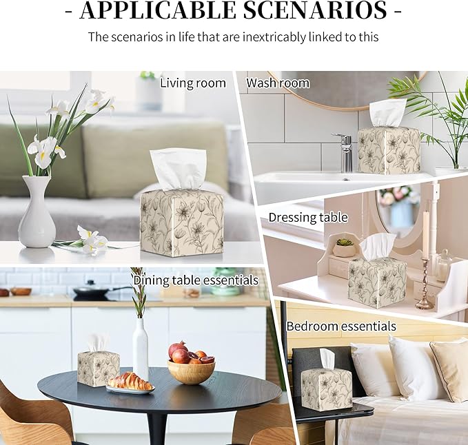 Boho Minimalist Flowers Tissue Box Cover Square, Abstract Line Floral Tissue Box Holder Waterproof Leather Facial Paper Organizer Dispenser for Bathroom Home Car Nightstand Vanity Desk