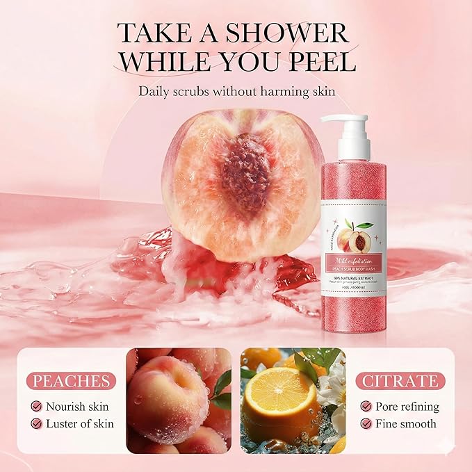 Peach Exfoliating Body Wash - [300ml] Hydrating Shower Gel with Natural Scrub - Sweet Peach Scented Body Polish for Soft Smooth Skin - Mild Daily Cleanser for Dryness