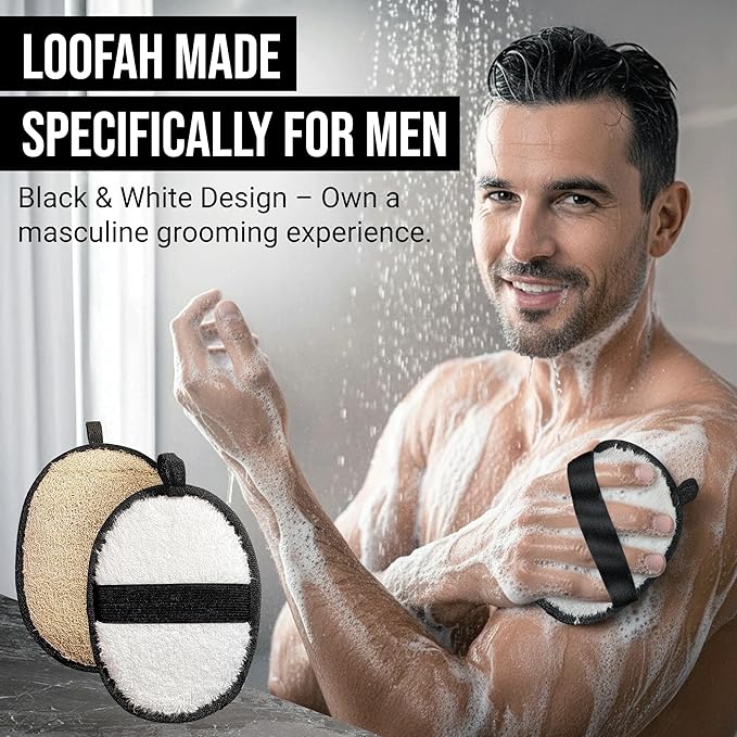 CraftsOfEgypt Natural Loofah Body Scrubber for Men, 2PCS Black & White Set – Egyptian Luffa Sponge Exfoliator for Shower, Bath & Body Care, Durable Men's Hygiene Pad, Gentle Skin Exfoliating Tool