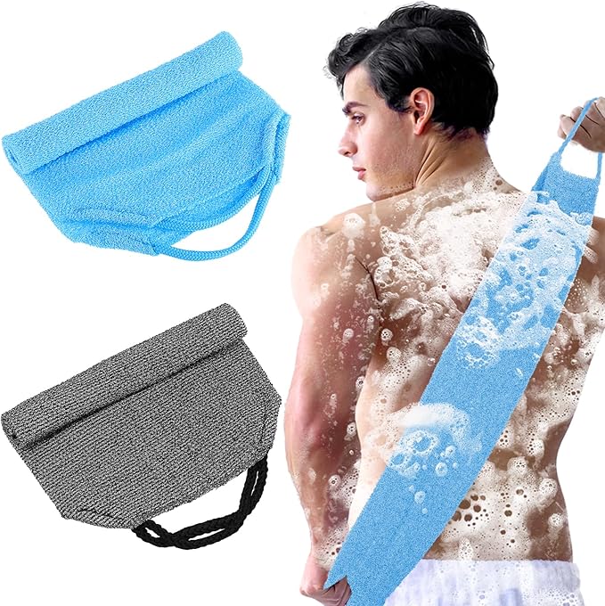 2pcs Exfoliating Back Scrubber Nylon Shower Bath Exfoliator Extended Length Body Scrub Towel Stretchable Pull Korean Washcloth Strap with Handles(Blue + Gray)