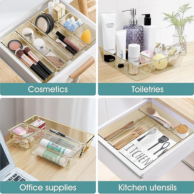 WOWBOX 25 PCS Plastic Drawer Organizer Set, 4 Sizes Desk Drawer Divider Organizers and Storage Bins for Makeup, Jewelry, Gadgets for Kitchen, Bedroom, Bathroom, Office, Clear Champagne