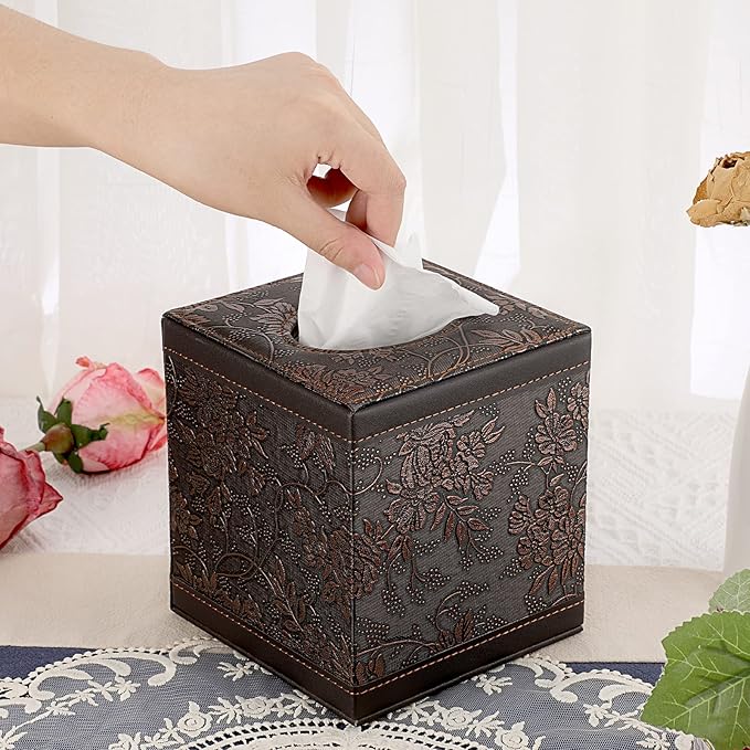 Sumnacon Square Leather Tissue Box Cover - Stylish Cube Tissue Box Holder with Magnetic Bottom, Decorative PU Tissue Box for Vanity Dresser Night Stand Table Countertop Home Office Car, Black Flower