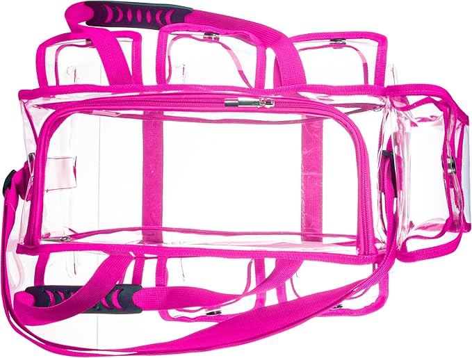 Wide Opening Large Professional Clear PVC Travel Makeup Artist Set Bag Cosmetic Nails Beauty Bags Transparent Vinyl Tool Organizer Beach Bags Diaper Bag with 6 External Pockets & Strap (Pink)