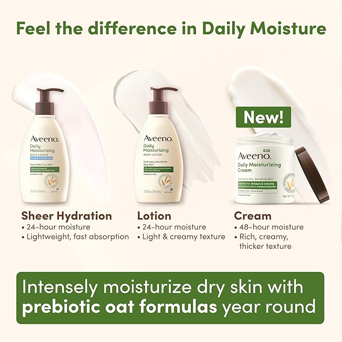 Aveeno Daily Moisturizing Cream with Prebiotic Oat & Shea Butter for Body,Face & Hands Moisturizer Cream,Hydrates Normal to Dry,Sensitive Skin,Fragrance Free,Non-Comedogenic,20 oz,(Pack of 2)