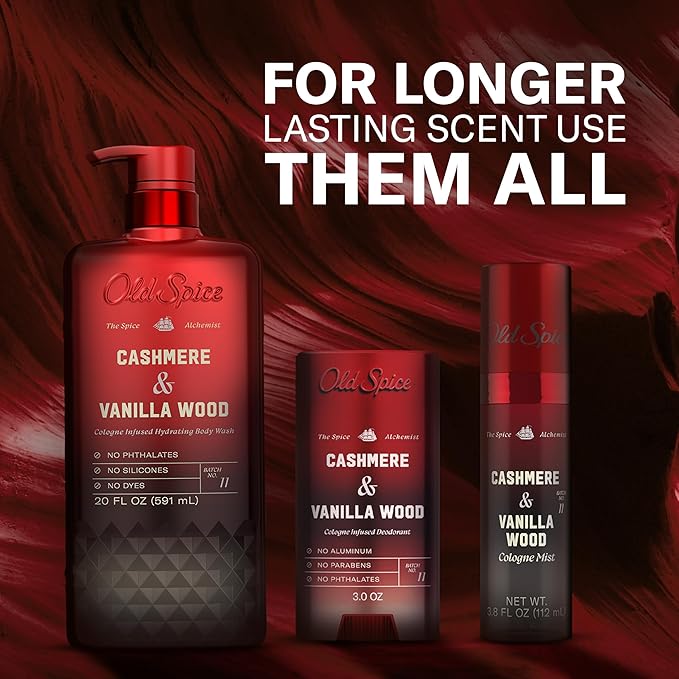 Old Spice Body Wash for Men, The Spice Alchemist Collection, 24/7 Cologne Infused Hydration, No Trade Off Formula, Free of Phthalates Silicones & Dyes, Cashmere + Vanilla Wood Scent, 20 oz