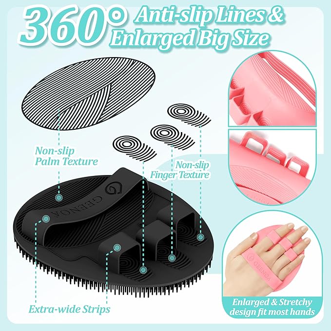 Silicone Bath Gloves 4PCS, 360° Anti-Slip & Enlarged Silicone Body Scrubber for Rich Foaming Deep Cleaning, Revolutionary No-Grip & Hand-fit Shower Scrubber for All Skin Types(Black/Pinkx2)