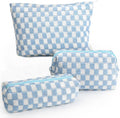 3 Pcs Makeup Bag Cosmetic Bag Set for Girls Women Checkered Travel Organizer Bathroom Toiletry Pouch Large Capacity Storage Bag (Blue-White)