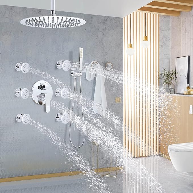 (Upgrade) Backnets Shower Body Spray with On Off Solid Brass Round Shower Jets 6 PCS Massage Showerhead Wall Nozzle, Flow Can Be Controlled, Independent Switch Sprayer (6PCS, Polished Chrome)