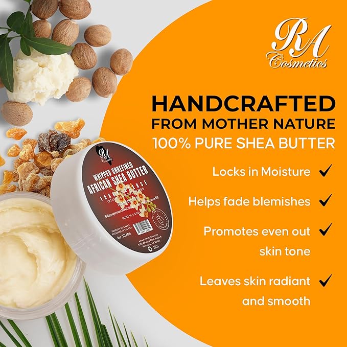 RA COSMETICS Whipped Shea Butter Frankincense - 6oz | 100% Pure & Natural African Shea Butter for Men & Women - Handcrafted Moisturizer with Essential Vitamins for Softer Lips, Healthier Skin & Hair