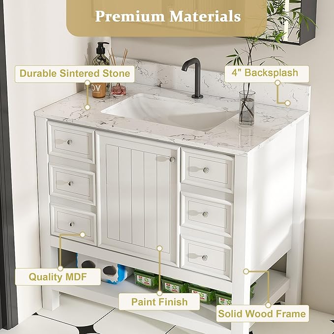 Montary 36" Bathroom Vanity with 37" Artificial Marble Carrara White Top, Modern Stylish MDF Bathroom Storage Cabinet, Freestanding Vanity Set with One Cabinet & 3 Drawers, White (Single Hole)