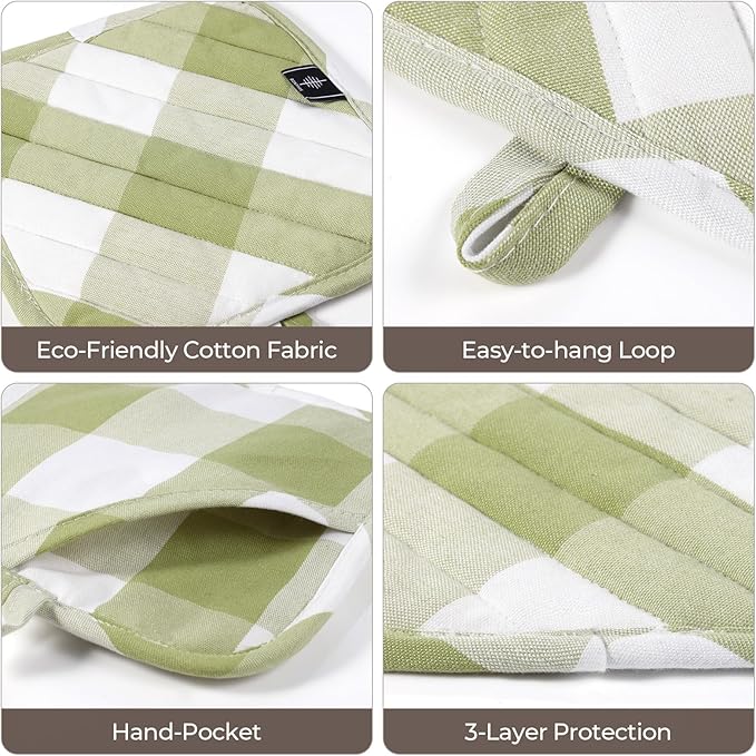 Cotton Pot Holders for Kitchen Heat Resistant Potholder Hot Pads Trivet Coaster Non-Slip Potholders Set for Cooking and Baking (2, Green Plaid, Square，8.27 in²)