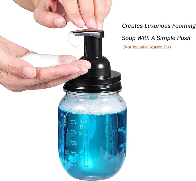 Amolliar Mason Jar Foaming Soap Dispenser Pump Lids, Foaming Pump Replacement Kit for Pint Regular Mouth Mason Jar, Refill Hand Soap, Waterproof Stickers, Kitchen Bathroom Farmhouse Decor, Black 6Pack