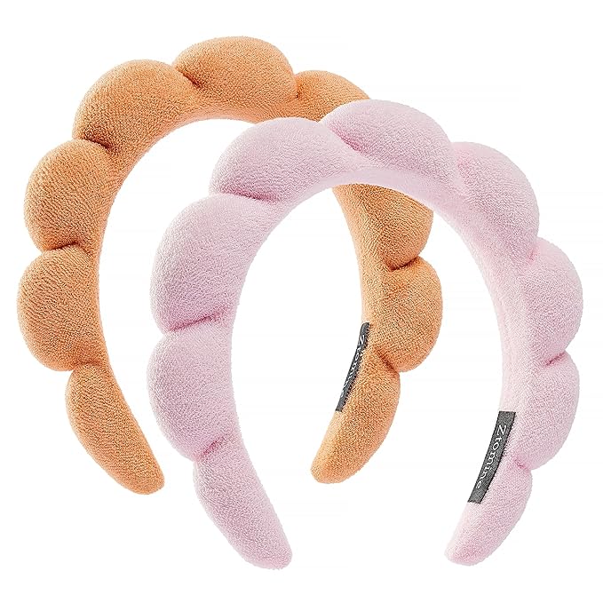 Spa Headbands, Set of 2 - Terry Cloth Face Wash Headbands for Women - Puffy Makeup Headbands for Facial, Mask (Pink, Orange)