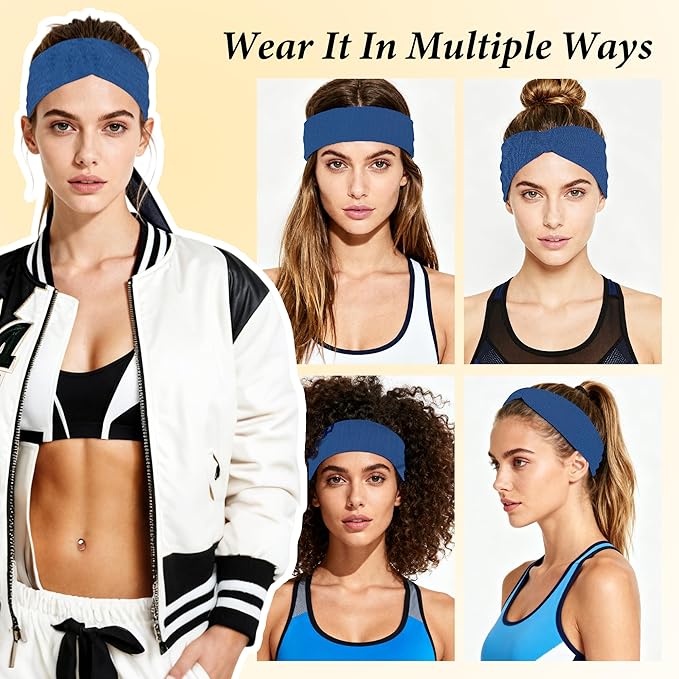 Headbands for Women Non-Slip Workout Hair Bands, 6 Pack Stretchy Athletic Soft Sweatbands, Elastic Cloth Fabric Headband, Fashion Head Bands for Yoga Running Sports Gym Sports Exercise