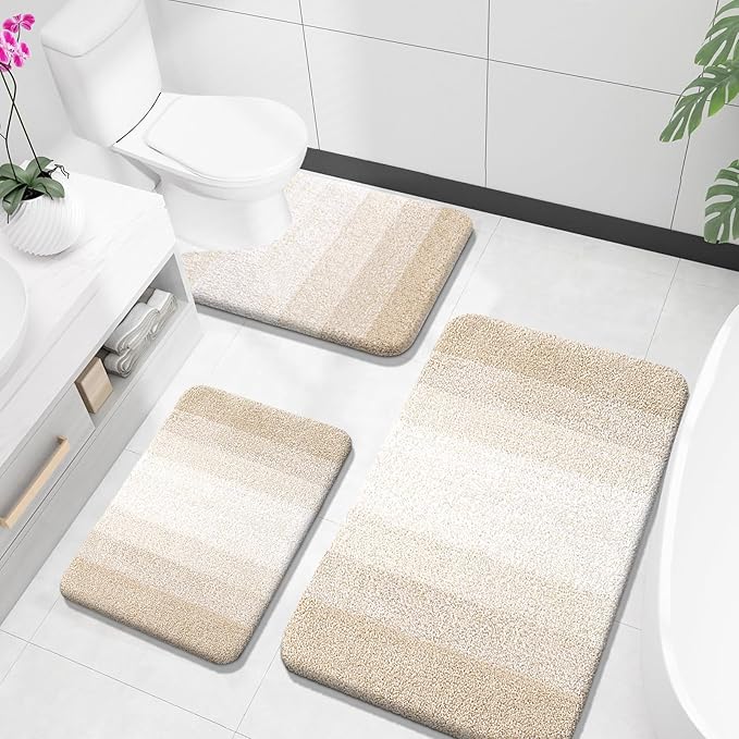 OLANLY Bathroom Rugs Sets 3 Piece, Soft Absorbent Microfiber Bath Mats and U-Shaped Contour Toilet Rug, Plush Shaggy Bath Mat Set for Bathroom (36"x24"+24"x16"+24"x20", Light Beige)