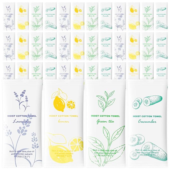 Moist Cotton Towel Bulk Moist Towelettes Individually Wrapped,White Towel Services,Refreshment Pre Moistened Towels for Dentist Travel Sport Party Hotel 20，Lavender,Green tea, Lemon and Cucumber