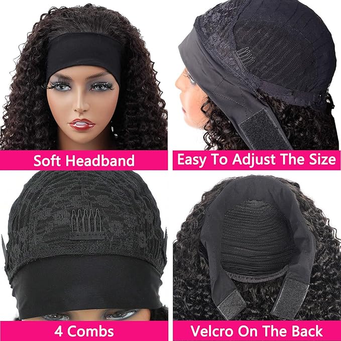 Aiterina Kinky Curly Human Hair Headband Wig Curly Human Hair Wigs 150% Density Brazilian Virgin Human Hair Machine Made Wig for Black Women Non Lace Front Wig Natural Color (Headband Wig, 26inch)