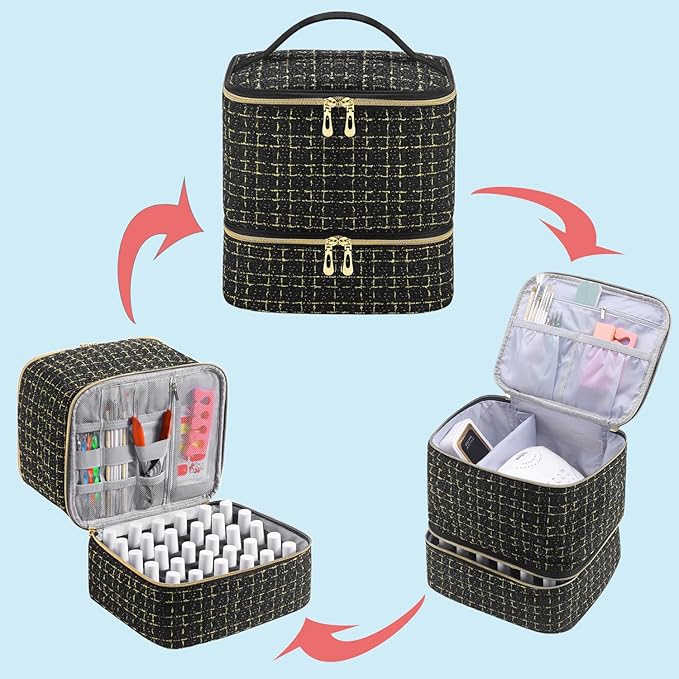 CTWWFS Nail Polish Organizer and Nail Lamp Case, Nail Kit Organizer Holds 30 Bottles (15ml - 0.5 fl.oz) and a Nail Lamp, Nail Polish Carrying Case with Manicure Tools Storage Sections (C-Black)