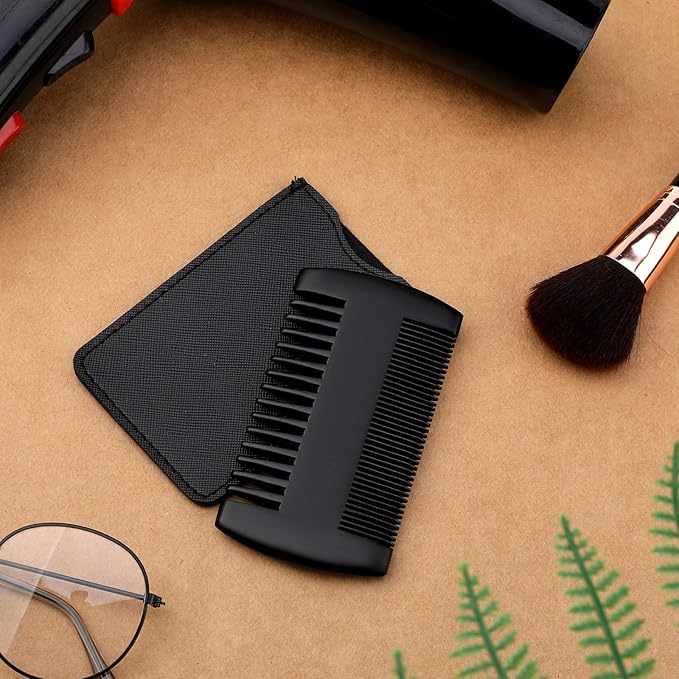 3 Pieces Beard Comb for Men Natural Sandalwood Wooden Mustaches Combs Dual Action Teeth Beard Comb with 3 Pieces Pocket Faux Leather Case for Beards Mustaches(Black)