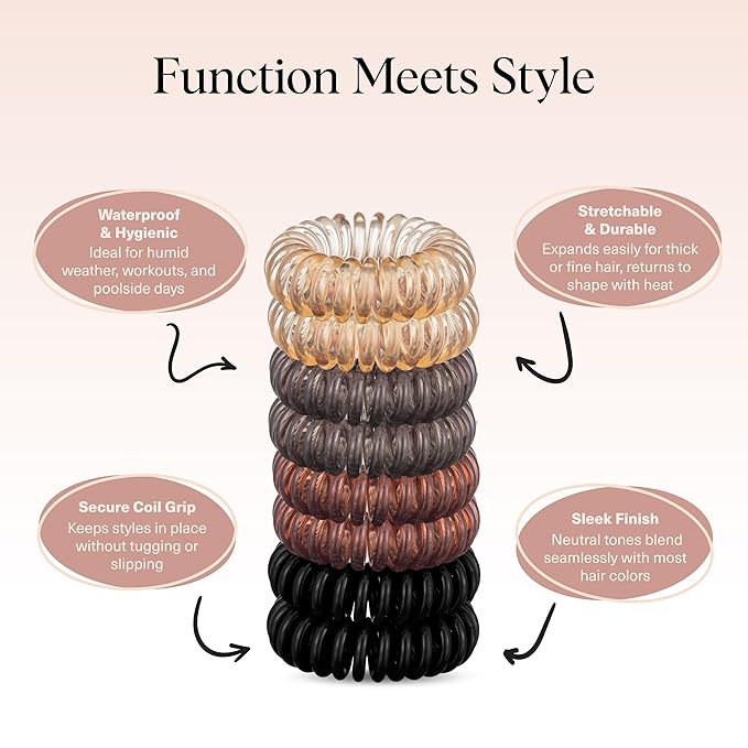 Kitsch Spiral Hair Ties for Women – Coiled Plastic Hair Ties No Damage, Ponytail Holders for Thick and Thin Hair – Creaseless and Dent-Free, Phone Cord Style | Ideal Gifts for Women - Brunette, 8 Pcs