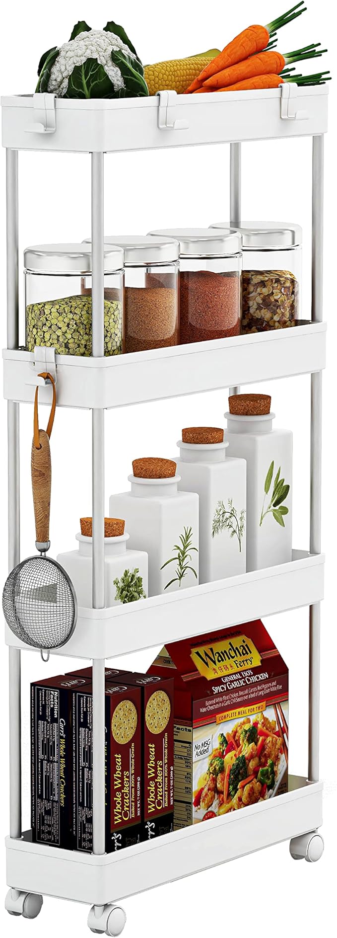 4 Tier Slim Storage Cart Mobile Shelving Unit Organizer Slide Out Storage Rolling Utility Cart Tower Rack for Kitchen Bathroom Laundry Narrow Places, Plastic & Stainless Steel, White