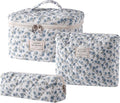 uekeboag 3Pcs Quilted Cotton Makeup Bag,Coquette Quilted Toiletry Bag for Women and Girls,Floral Coquette Pouch,Cute Kawaii Travel Cosmetic Bags(3Pcs Blue Flower)