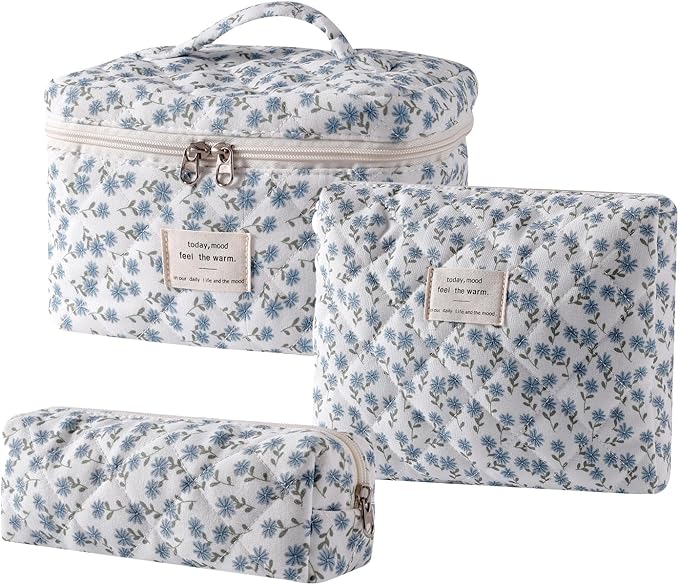 uekeboag 3Pcs Quilted Cotton Makeup Bag,Coquette Quilted Toiletry Bag for Women and Girls,Floral Coquette Pouch,Cute Kawaii Travel Cosmetic Bags(3Pcs Blue Flower)