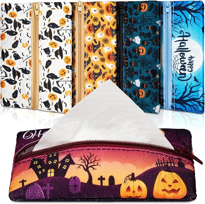 Sherr 5 Pieces Tissues Purse Pocket Tissue Holder Reusable Travel Tissue Pouch Fabric Zipper Enclosed Small Size Bat Pattern Tissue Holder for Purse Coins for Halloween, 5.25 x 3 Inches (Pumpkin)