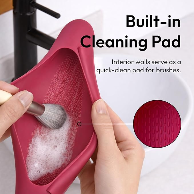 ÉCLAT Silicone Makeup Brush Holder Travel, 3 in 1 Portable Bag With Anti-Fall Out Magnetic Closure & Cleaner Mat Case, Soft Cosmetic Tool Organizer Pouch Keeps Brushes Clean & Dust Free (Pink)
