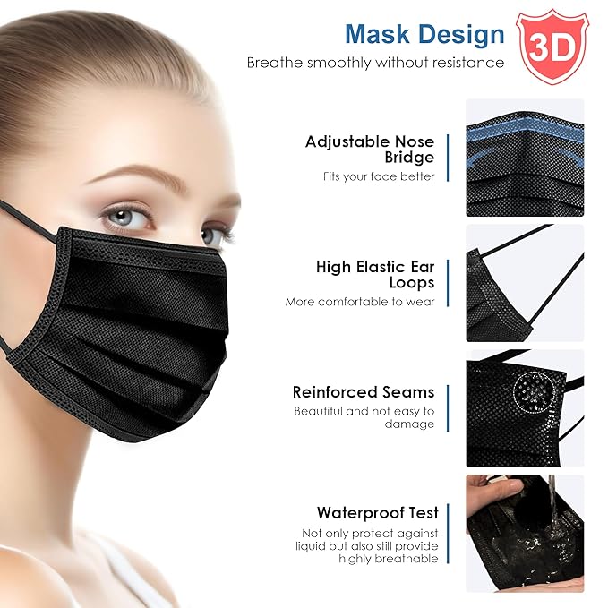 NNPCBT Black Disposable Face Masks 50PCS 3 Ply