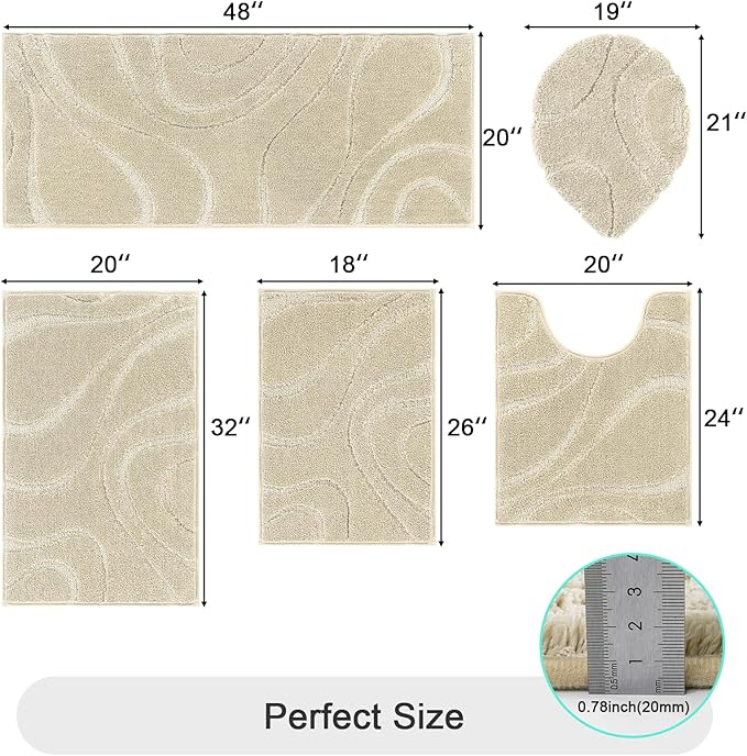 HEBE Bathroom Rugs Sets 5 Piece, Soft Absorbent Microfiber Bath Mat for Bathroom, Non Slip Washable Bath Rug Set with Toilet Cover, Bath Runner and U-Shaped Contour Toilet Rug, Light Beige