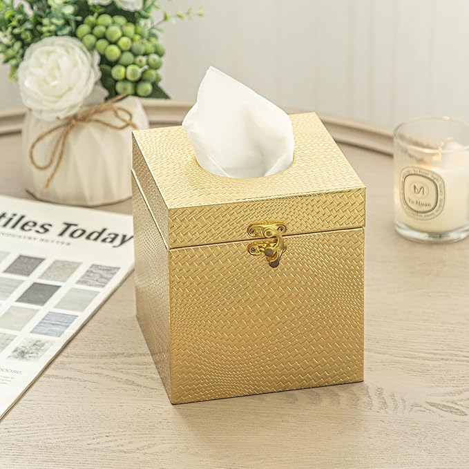Gold Tissue Box Cover, Elegant Square Tissue Box Holder for Bathroom, Bedroom, and Office, Modern Decorative Tissue Box for Home Décor