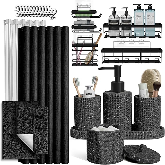 Clara Clark Coal Black Bathroom Set - Bathroom Sets with Shower Curtain and Rugs, 26PC Bathroom Accessory Set, Shower Curtain Set with Adhesive Corner Shower Caddy Hanging & Soap Dispenser