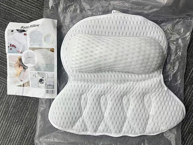 4D Air Mesh Bath Pillow for Tub, Soft Bathtub Cushion with 6 Non-Slip Suction Cups for Head, Neck & Back Support, Machine Washable Spa Pillow, White