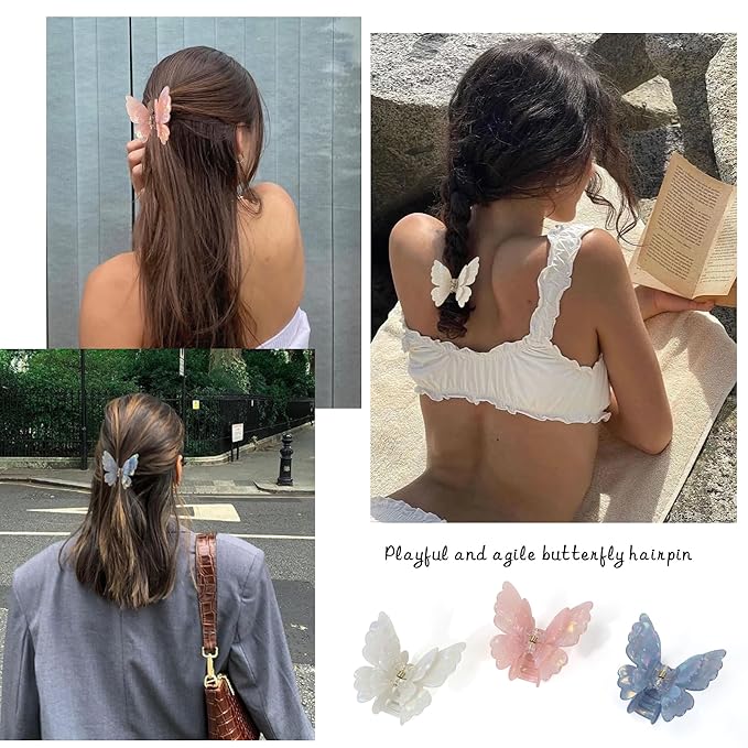NAISIER Butterfly hair clips for women girl Butterfly claw clips Hair Accessories for Girls & Women.(White pink blue)