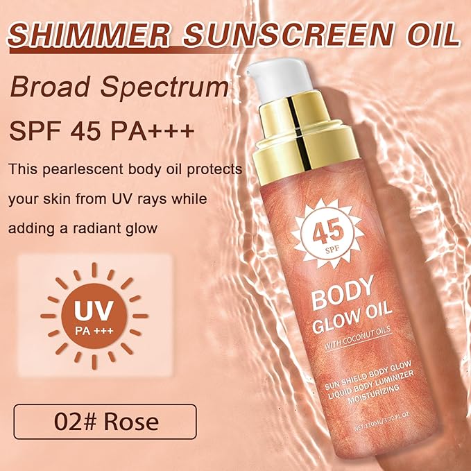 Shimmer Body Oil,SPF 45 Broad Spectrum,Shimmer Sunscreen with Rose Gold Mica,Lightweight Non-Sticky Body Glow Oil,Absorbs Quickly,3.72 fl oz,ROSE