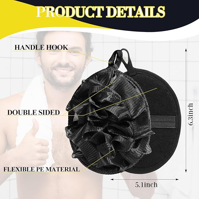 Boao 6 Pcs Bath Shower Pouf Sponge Mesh Pouf Shower Ball Exfoliating Body Sponge Pad Scrubber Glove with Flower Bath Ball (Black)