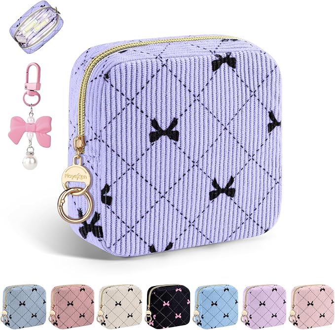 Period Bag for Teen Girls, Corduroy Cute Sanitary Napkin Storage Bag, Menstrual Pad Pouches Tampon Holder for Purse (Light Purple-Bow Tie)