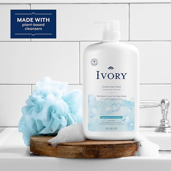 Ivory Body Wash, Designed for the Whole Family, Gentle Formula, Free of Dyes Heavy Perfumes Parabens Phthalates & Silicones, for Sensitive Skin, Designed for Skin's pH, Original Scent, 35 oz