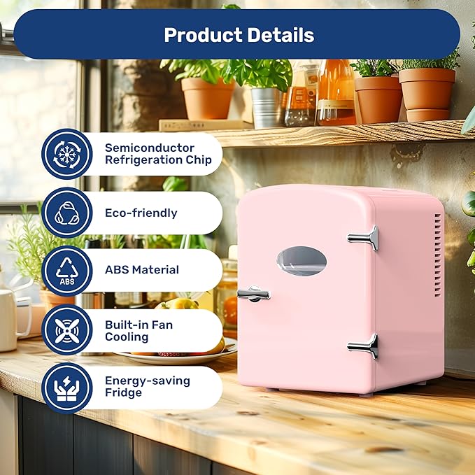 HealSmart Mini Fridge Portable 6 Liter/9 Can with Observation Window, Cooler&Warmer Small Desk Compact Refrigerator for Skin Care, Cosmetics, Beverage, Food in Bedroom, Car, Office, Dorm, Pink