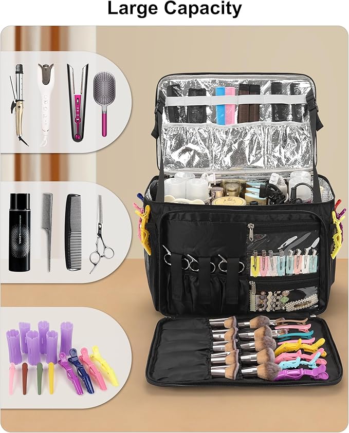 Relavel Hair Tools Travel Bag Hairstylist Traveling Bag Dual Layer Hairdresser Cosmetology Bag Storage Organizer Case for Hair Stylist Essentials, Barber Accessories with Adjustable Dividers