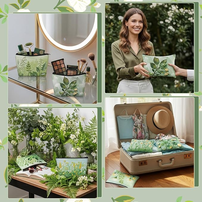 Sweetude 12 Pcs Spring Flower Makeup Bag Bulk Green Portable Travel Cosmetic Bags with Zipper Green Plant Floral Waterproof Roomy Travel Beauty Toiletry Organizer Storage Pouch for Women Spring Gifts