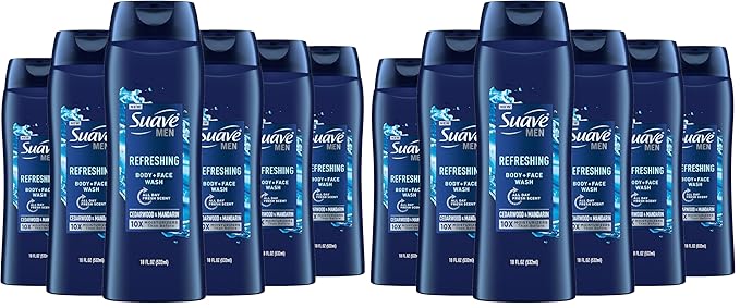 Suave Men Moisturizing Body & Face Wash, With Cedarwood and Mandarin Scent, No Parabens, No Phtahaltes, 18 Oz Pack of 12