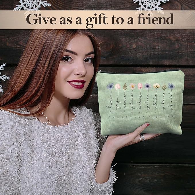 Christian Gifts Makeup Bag, Floral Christian Cosmetic Bags for Women, Galatians 5:22-23 Bible Verse Makeup Pouch, Faith Based Gifts Zipper Pouch(green)